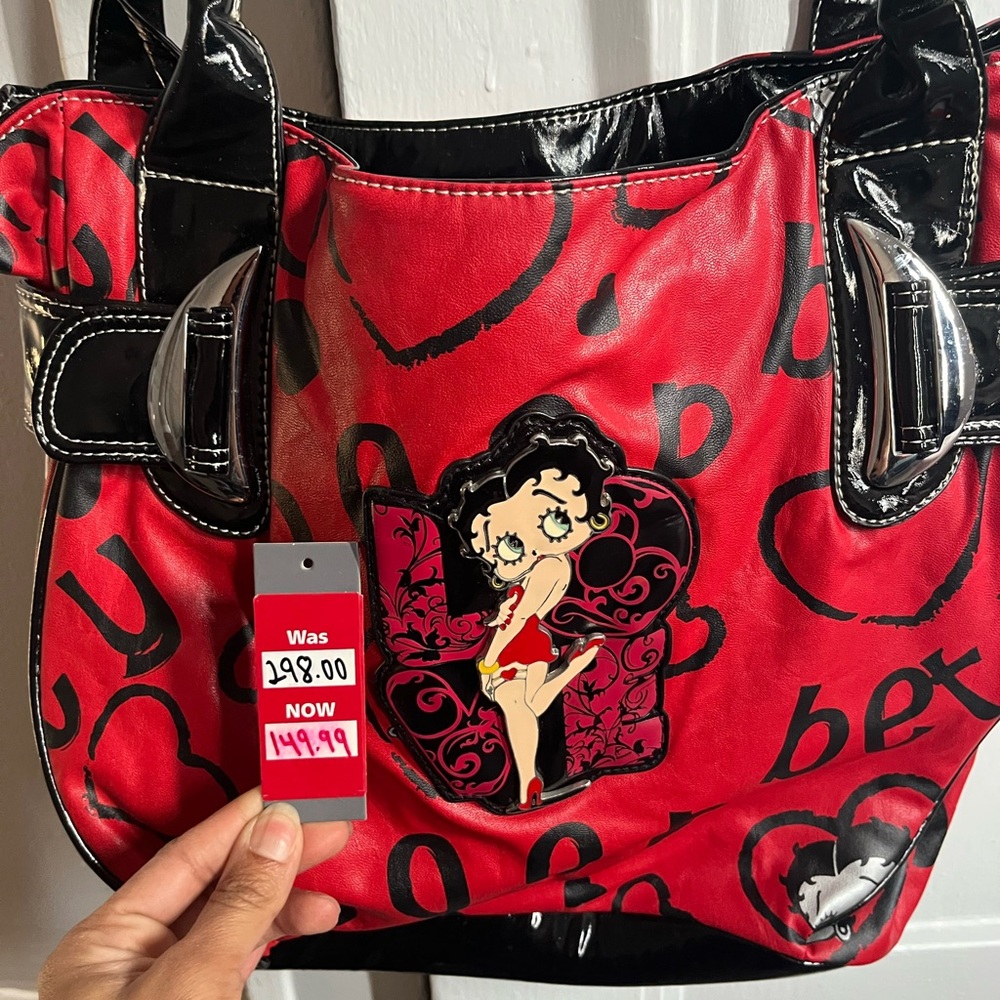 Betty Boop Red Heart Print Tote Bag with Black Trim